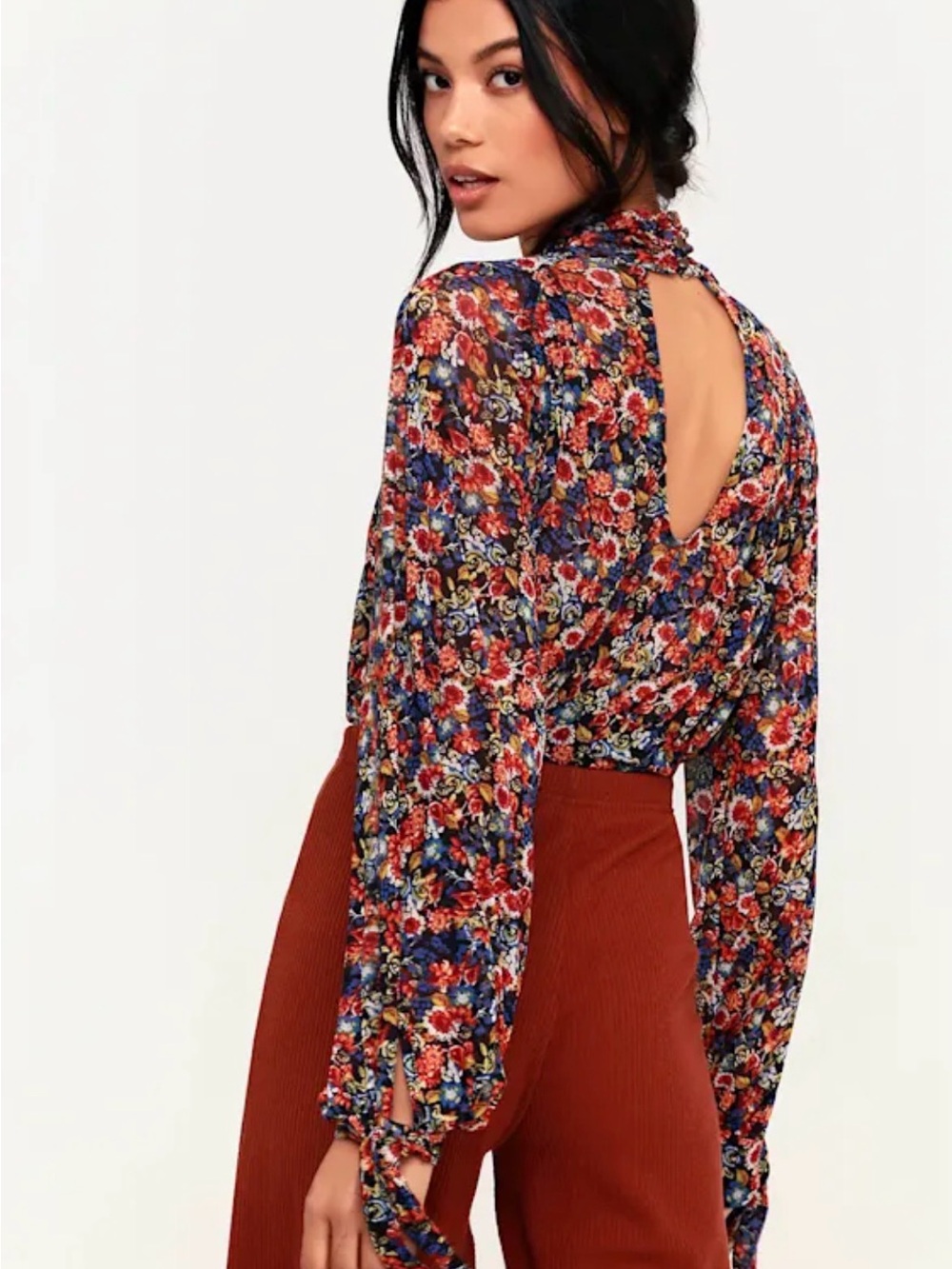 Free People All Dolled Up Black Floral Print Mesh Long Sleeve top - Picture 4 of 10